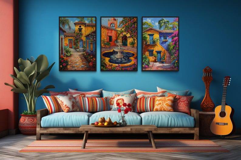 Set of Three Mexican Wall Art, Colorful Mexican Courtyard Garden and ...