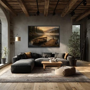 May include: A cozy living room with a large sectional sofa, wooden coffee table, and a framed landscape painting. The room features a large window, a patterned rug, and a wooden ceiling, creating a warm and inviting atmosphere.