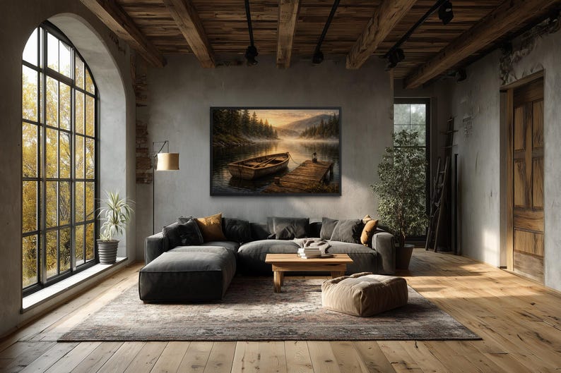 May include: A cozy living room with a large sectional sofa, wooden coffee table, and a framed landscape painting. The room features a large window, a patterned rug, and a wooden ceiling, creating a warm and inviting atmosphere.