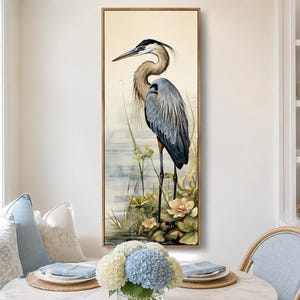 Tall Narrow Blue Heron Painting Canvas PRINT, Long Vertical Neutral Watercolor Retro Bird Wall Art Tall Artwork Ready To Hang
