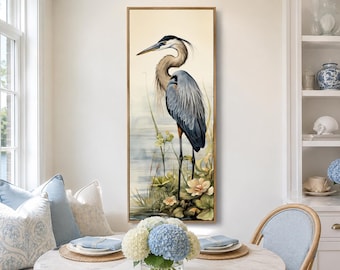 Tall Narrow Blue Heron Painting Canvas PRINT, Long Vertical Neutral Watercolor Retro Bird Wall Art Tall Artwork Ready To Hang
