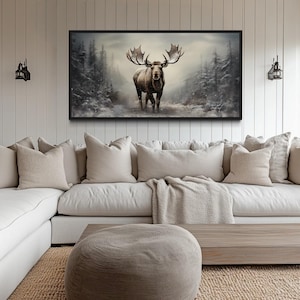 Moose in Foggy Winter Forest Painting Canvas Print - Farmhouse Wall Decor,  Extra Large Wall Art - Framed, Unframed, Ready To Hang