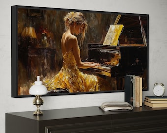 Music Wall Art, Woman In Yellow Dress Playing Piano, Romantic Music Room Decor, Classical Music Canvas Print, Framed Ready To Hang