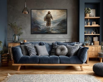 Jesus Walking On Water Wall Art - Abstract Oil Painting Printed on Canvas - Christian Religious Wall Art -  Horizontal Framed Ready To Hang