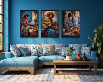 Set Of Three Mexican Wall Art, Colorful Mexican Women Playing Guitar, Cooking, Making Jewellery Painting Canvas Print Framed Ready To Hang