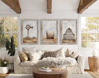 Farmhouse Wall Art Set of Three Rustic Farm Prints - Painting of Windmill, Old Barn, Hay Bale Print on Canvas Gallery Wall Art