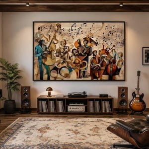 May include: A large rectangular wall art print featuring an abstract jazz band illustration with musical notes, displayed above a wooden media console. The artwork uses warm earth tones and blue accents to depict musicians playing various instruments.