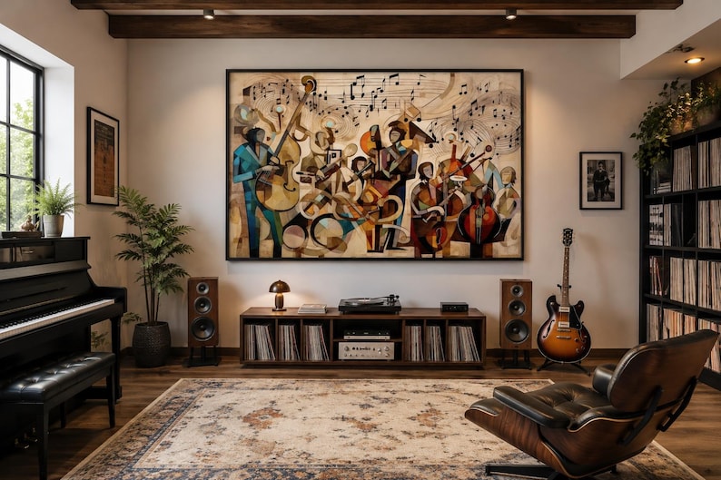 May include: A large rectangular wall art print featuring an abstract jazz band illustration with musical notes, displayed above a wooden media console. The artwork uses warm earth tones and blue accents to depict musicians playing various instruments.