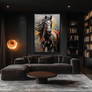 a modern living room with a large painting of a horse as the focal point. The room has a dark color scheme, with a large bookshelf filled with books and a wooden coffee table in the center. The overall atmosphere of the room is sophisticated and elegant.