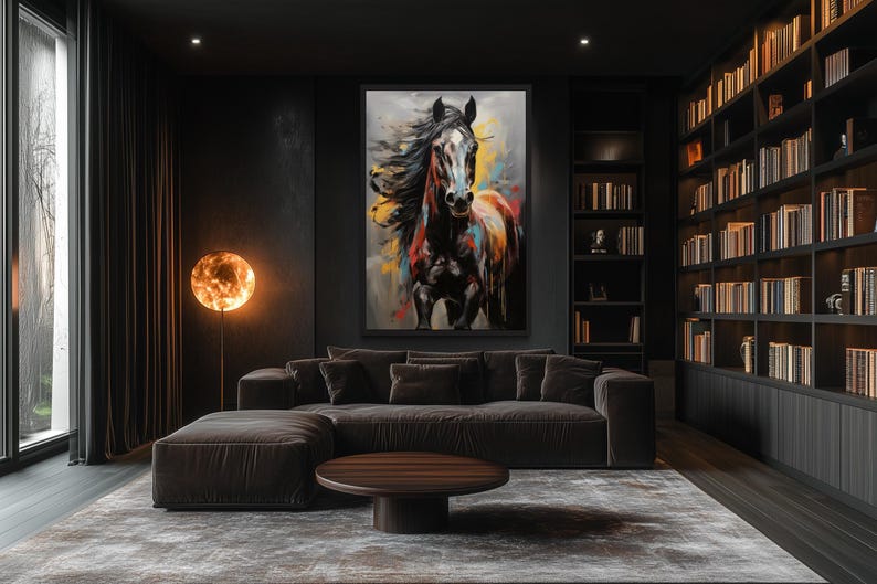 a modern living room with a large painting of a horse as the focal point. The room has a dark color scheme, with a large bookshelf filled with books and a wooden coffee table in the center. The overall atmosphere of the room is sophisticated and elegant.