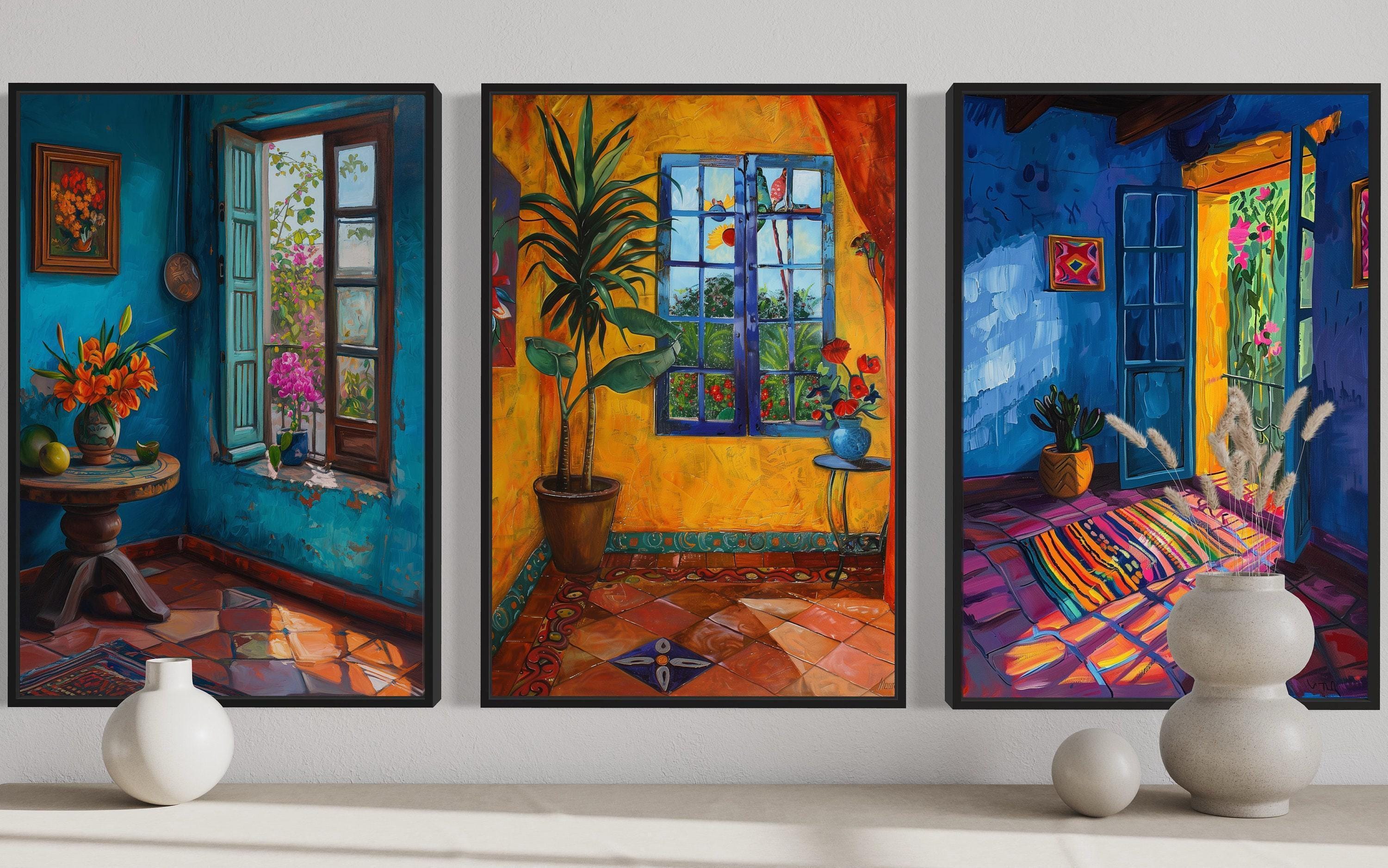 Set of Three Mexican Wall Art, Colorful Mexican House and Window ...