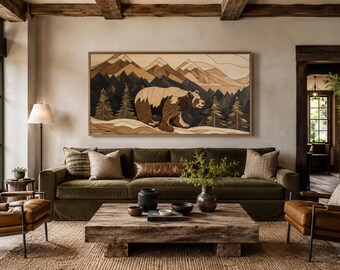 Bear in Mountains Painting Canvas PRINT, Rustic Wood Panel Effect Mountain Range Wall Art, Lodge Decor, Cabin Decor Ready To Hang
