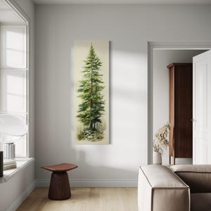 Tall Narrow Pine Tree Painting Canvas PRINT, Long Vertical Watercolor Fir Tree Wall Art Tall Artwork Ready To Hang