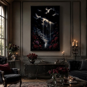 May include: A rectangular wall art piece featuring a dark night sky with glowing clouds, a waterfall cascading into a lake, and a foreground of deep red roses. The artwork is displayed in a room with dark furniture, red rose bouquets, and candles.