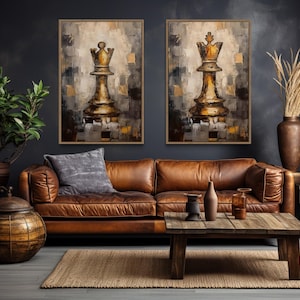 Set of 2 Chess King And Queen Wall Art - Gold Beige Painting Canvas Print - Romantic Couples Bedroom Wall Art Framed Ready To Hang