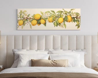 Retro Lemon Tree Panoramic Painting Canvas PRINT, Yellow Decor, Farmhouse Kitchen Wall Art, Botanical Fruit Wall Art, Framed Ready To Hang