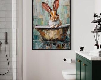 Cute Rabbit In The Bath Tub Painting Canvas PRINT, Bathroom Bunny Wall Art, Kids Room Decor, Framed Unframed Ready To Hang