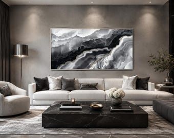 Black White Wall Art, Abstract Marble Landscape Painting Canvas PRINT, Long Horizontal Living Room Bedroom Decor Ready To Hang