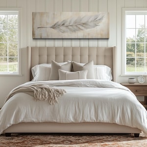 Rustic Horizontal Wall Art, Above Bed Decor White Feather Painting On Distressed Wood Canvas Print Farmhouse Wall Art Framed Ready To Hang