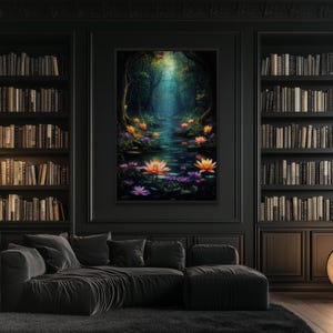 a cozy living room with a large bookshelf filled with books, a comfortable black sofa, and a large painting of a serene garden scene with a pond and colorful flowers.