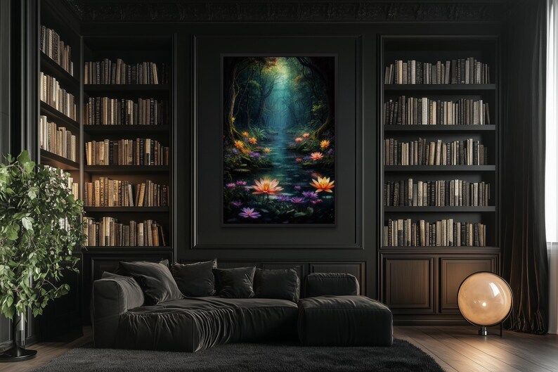 a cozy living room with a large bookshelf filled with books, a comfortable black sofa, and a large painting of a serene garden scene with a pond and colorful flowers.