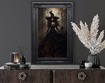 Halloween Wall Art Witch And Her Raven In Enchanted Forest Painting Canvas PRINT, Gothic Dark Academia Art, Ready To Hang