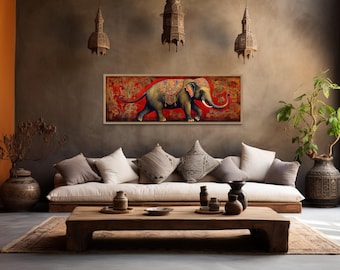 Indian Elephant Traditional Painting Canvas PRINT, Indian Wall Art Panoramic Horizontal Artwork, Red Colorful Wall Decor Ready To Hang