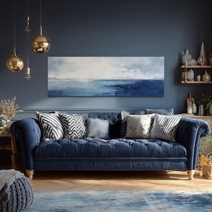 Over Bed Wall Art Minimalist Ocean Navy Blue Grey Panoramic Abstract Coastal Painting Long Horizontal Canvas Print Ready To Hang