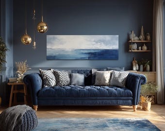 Over Bed Wall Art Minimalist Ocean Navy Blue Grey Panoramic Abstract Coastal Painting Long Horizontal Canvas Print Ready To Hang