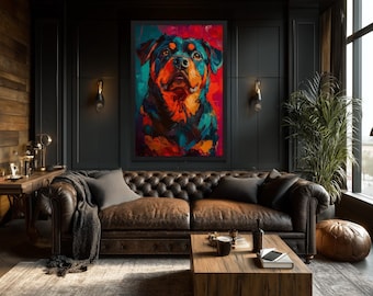 Rottweiler Pop Art Canvas Wall Art, Bold Red Teal Dog Portrait Painting For Man Cave Or Dog Lover Gift, Framed Ready To Hang