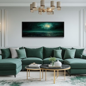 Emerald Green Ocean Seascape With Moon Over Bed Extra Large Wall Art, Minimalist Painting Long Horizontal Canvas Print Framed Ready To Hang