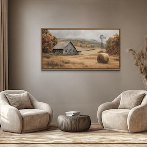 Autumn Farmhouse Wall Art – Rustic Barn, Hay Bale, and Windmill in Fall Landscape – Country Autumn Canvas for Cozy Seasonal Decor