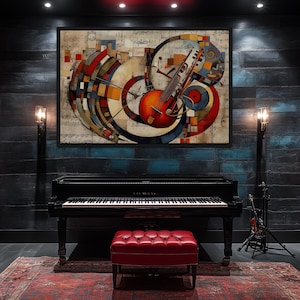 a modern and stylish music room with a grand piano, a red leather stool, and a large abstract painting on the wall.