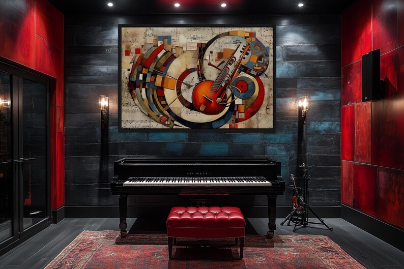 a modern and stylish music room with a grand piano, a red leather stool, and a large abstract painting on the wall.