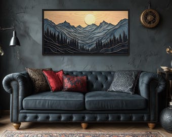 Wood Mountain Wall Art, Rustic Texture Painting Canvas Print, Rustic Cabin Wall Decor Framed Ready To Hang