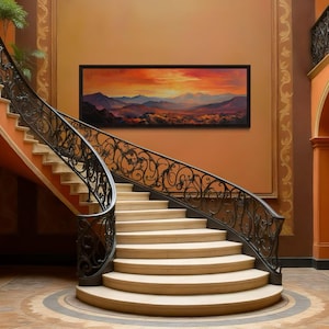 Orange Sunset Mountain Painting Long Horizontal Canvas PRINT, Panoramic Mountain Landscape Wall Art, Framed Ready To Hang