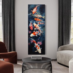 a modern living room with a large vertical painting of colorful fish on the wall, a black coffee table in the center, and two couches facing each other.