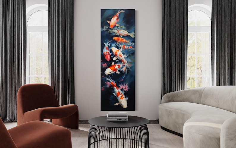 a modern living room with a large vertical painting of colorful fish on the wall, a black coffee table in the center, and two couches facing each other.