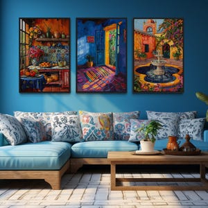Set Of Three Mexican Wall Art, Colorful Mexican Kitchen, House And Courtyard Garden Painting Canvas Print Ready To Hang