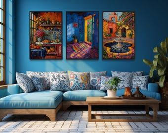 Set Of Three Mexican Wall Art, Colorful Mexican Kitchen, House And Courtyard Garden Painting Canvas Print Ready To Hang