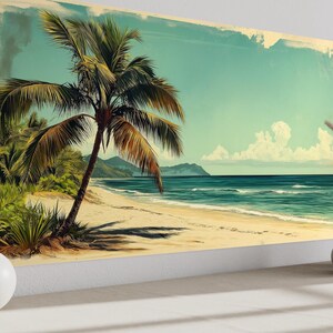 Tropical Beach With Palm Tree Wall Art, Vintage Style Coastal Painting Canvas PRINT, Beach House Decor Framed Ready To Hang