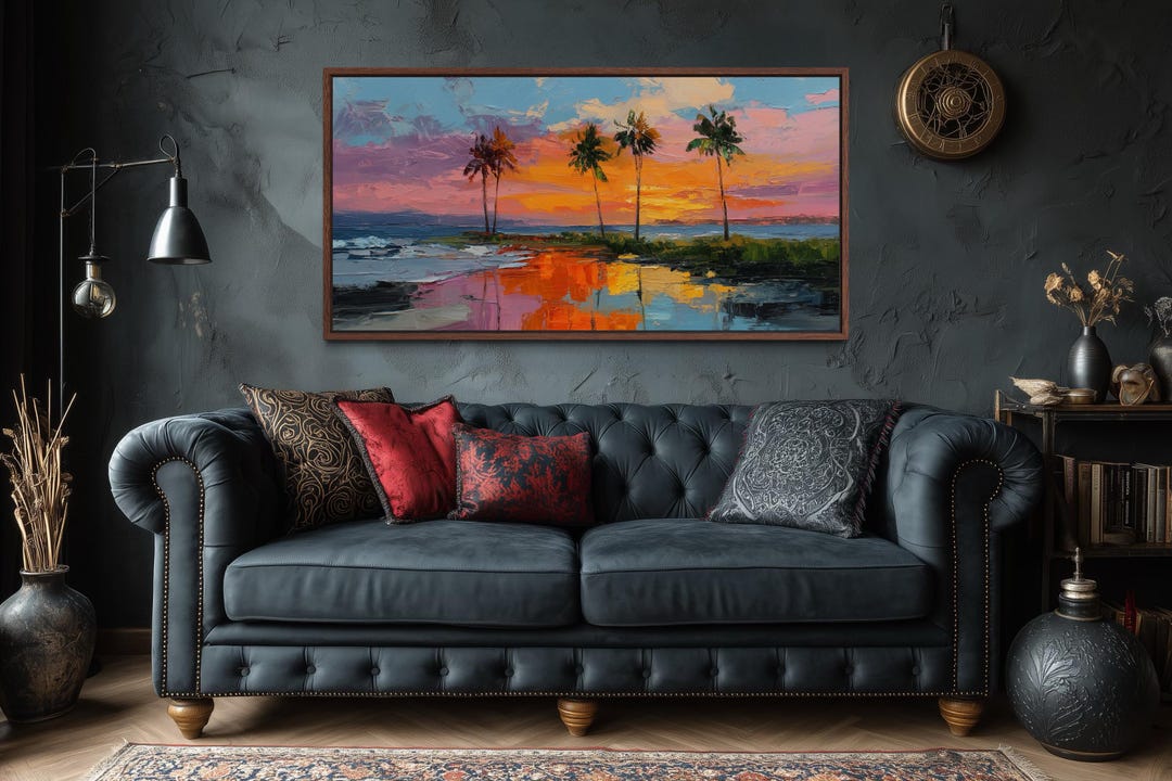 Tropical Sunset Palm Tree Wall Art – Colorful Beach Landscape Canvas ...