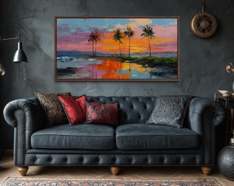 Tropical Sunset Palm Tree Wall Art – Colorful Beach Landscape Canvas, Vibrant Sunset Ocean Painting for Living Room, Coastal Home Decor