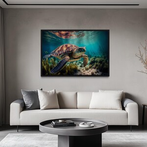 a large, framed photograph of a sea turtle swimming in the ocean, hanging on the wall of a modern living room.