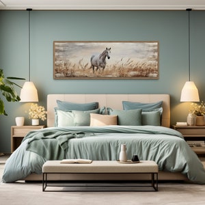 Farmhouse Wall Art - Farm Horse in The Field Long Horizontal Canvas, Panoramic Rustic Farm Decor With or Without Frame Ready To Hang