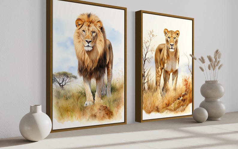 two framed paintings of lions, one on the left and one on the right, both depicting lions in a grassy field.