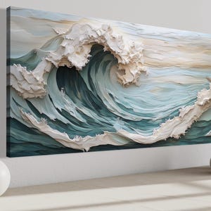 a large, intricately designed wave painting hanging on a wall, with a vase of dried flowers placed next to it.
