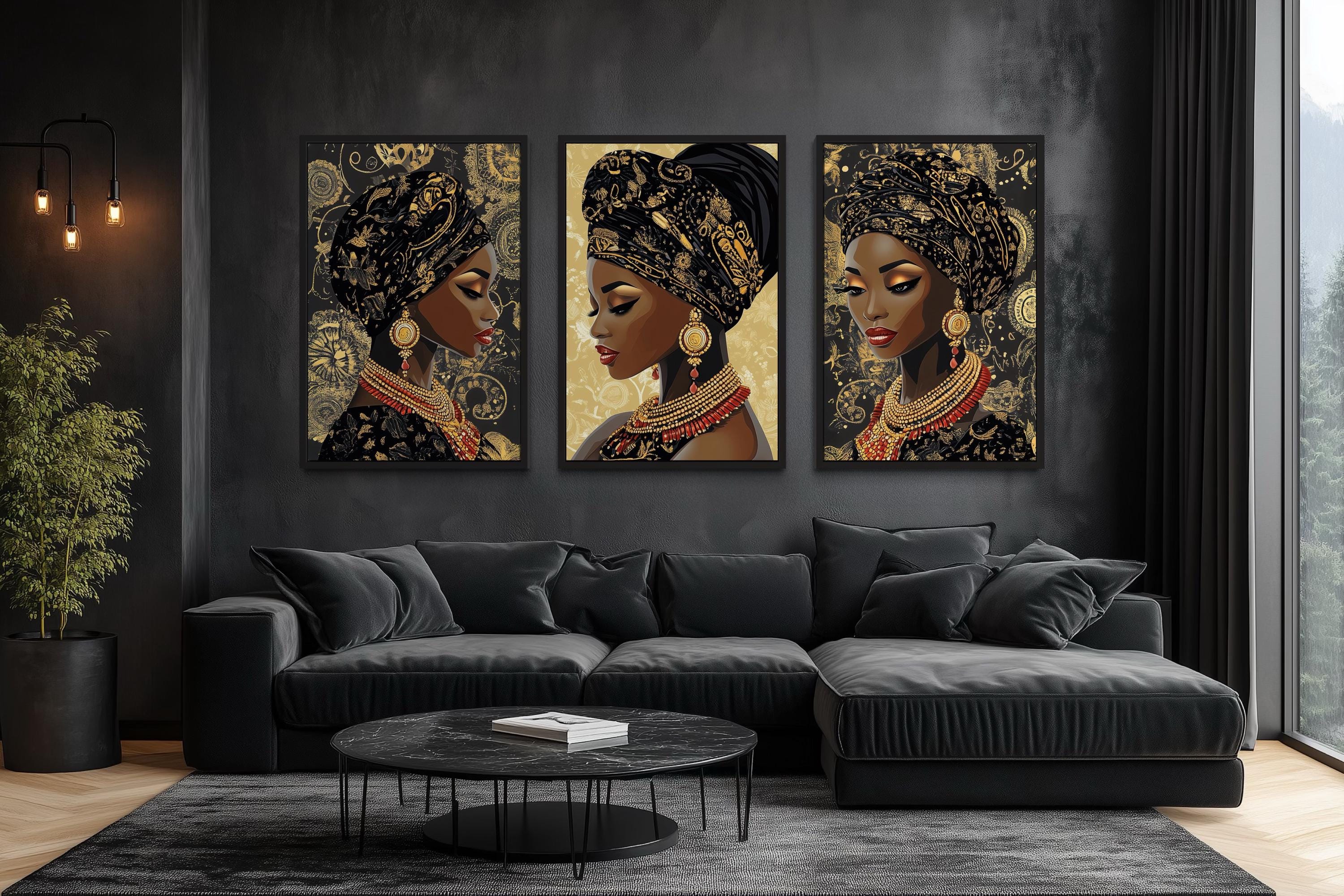 African American Black Woman Set of 3 Canvas Wall Art – Elegant ...
