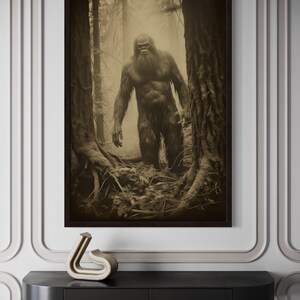 a large black and white photograph of a Sasquatch-like creature standing in a forest setting.