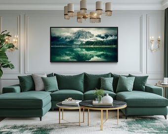 Emerald Green Mirror Lake And Mountains Landscape Painting Canvas PRINT, Nature Wall Art,  Living Room Art Ready To Hang